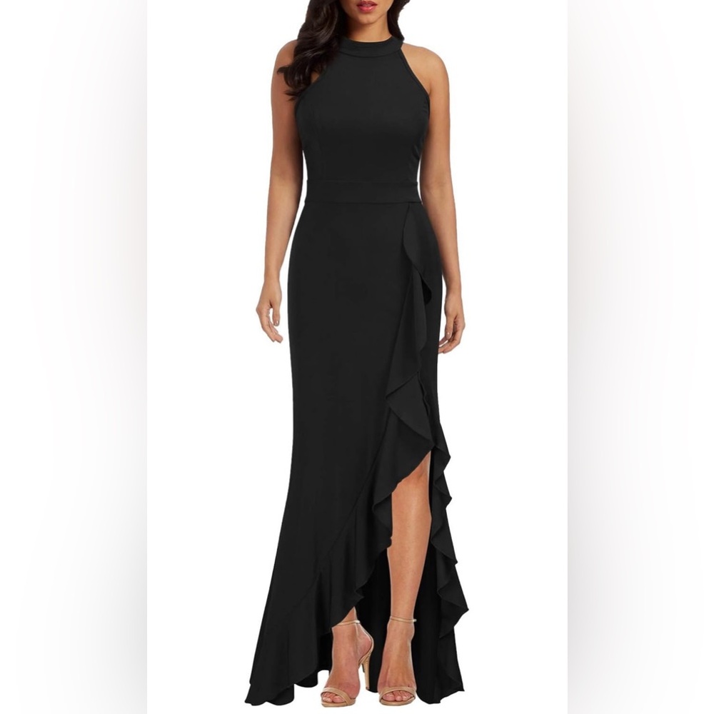 Black Halter Evening Gown w/ Rhinestone Crystal Belt – Formal Maxi Dress